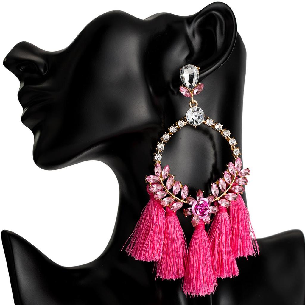 Women's Earring Exaggerated Flowers with Diamonds Tassel Acrylic Earrings Bohemian Temperament Female Earrings