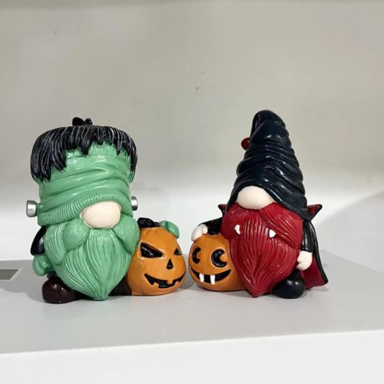 Halloween Gnome Statue Spooky Holding Pumpkin Wizard Zombie Dwarf Figurine Resin Sculpture Home Office Desktop Decoration Ornament