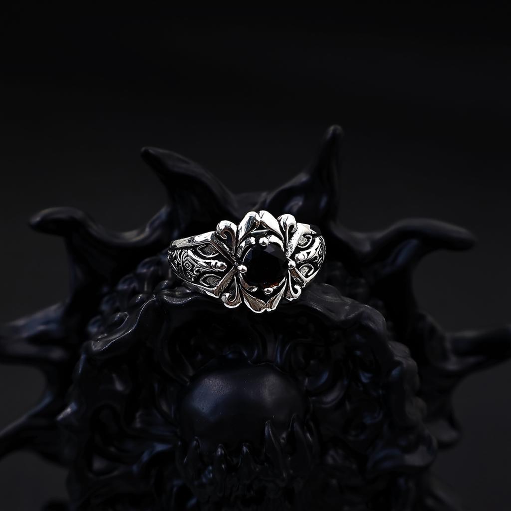 Retro Black Zircon Adjustable Open Ring for Men Silver-plated Copper Gothic Punk Edgy Jewelry Accessories Cool Gift