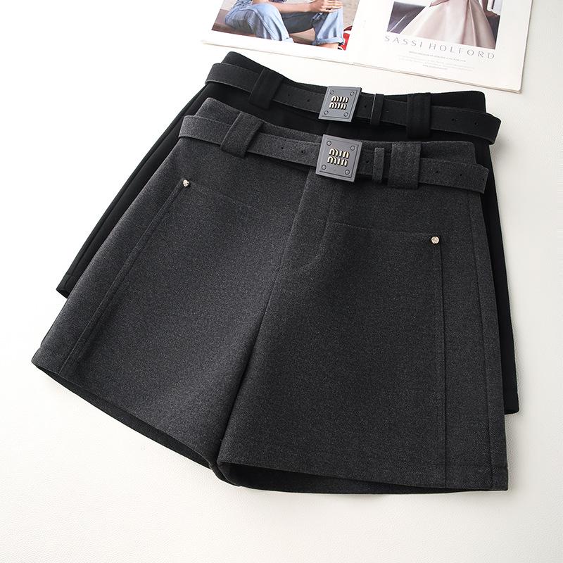 Women's Gray Woolen Straight-Leg Pants & A-Line Booty Shorts - Slimming, Autumn/Winter 2024 Collection