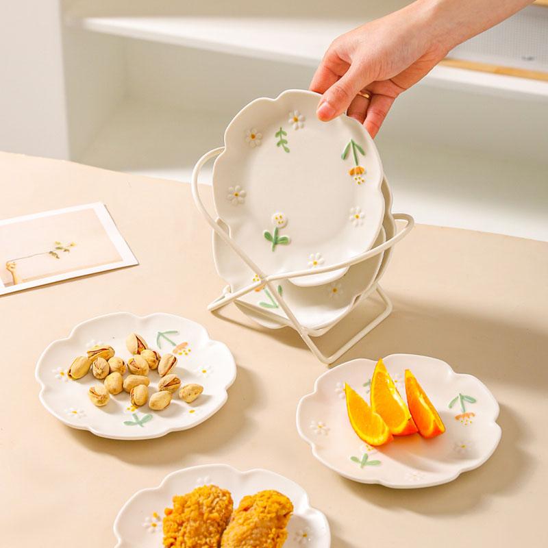 4pcs 3D Relief Ceramic Dinner Plate Set Daisy Dessert Plate Kitchen Pasta Bread Dish Tableware Service Dish 6/8.5inch Frosted