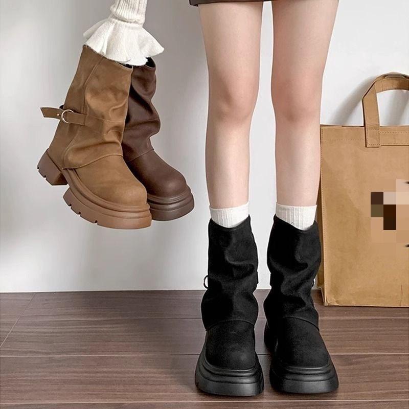 Height-increasing platform Martin boots women's autumn new fashion retro thick heel brown stacking boots short trouser boots