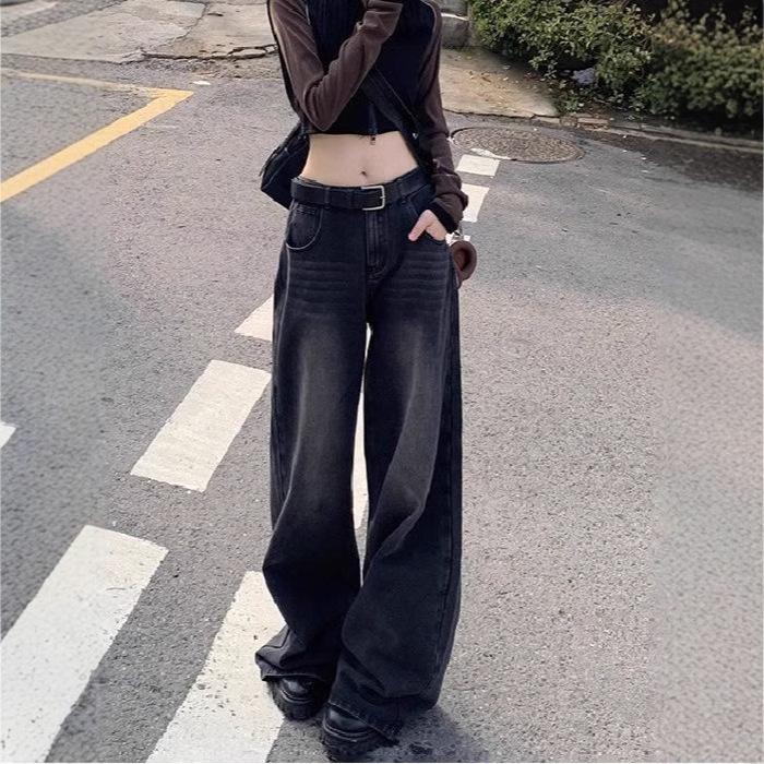 

Women s High Waist Black and Gray Wide Leg Jeans - Spring/Autumn 2025 Collection Large чорний колір сірий