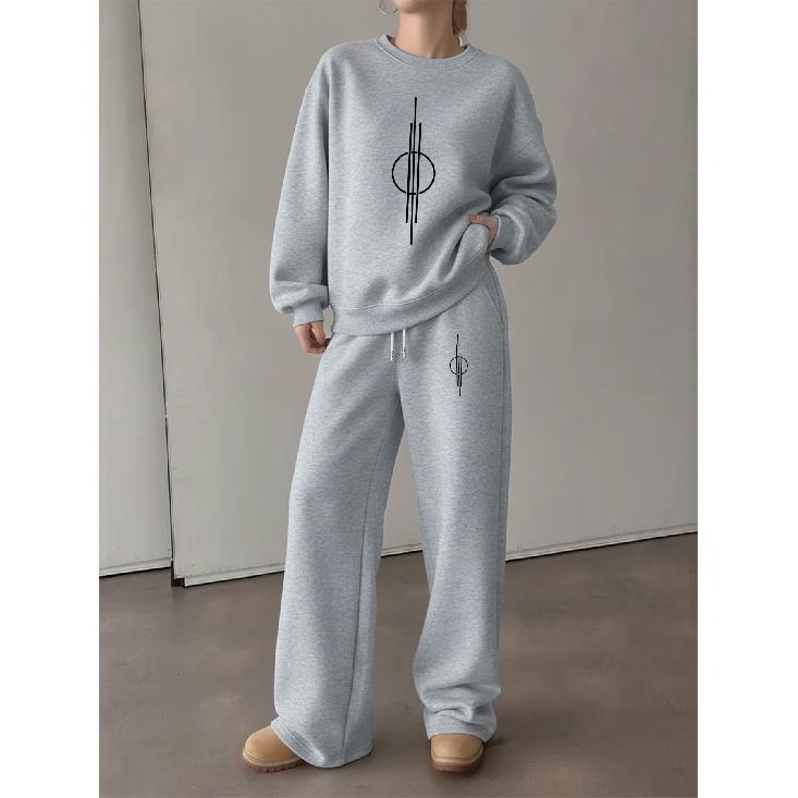 Women's Crewneck Sweatshirt & Drawstring Straight-Leg Pants 2-Piece Set, Printed Lounge Set, Fall/Winter Casual Outfit