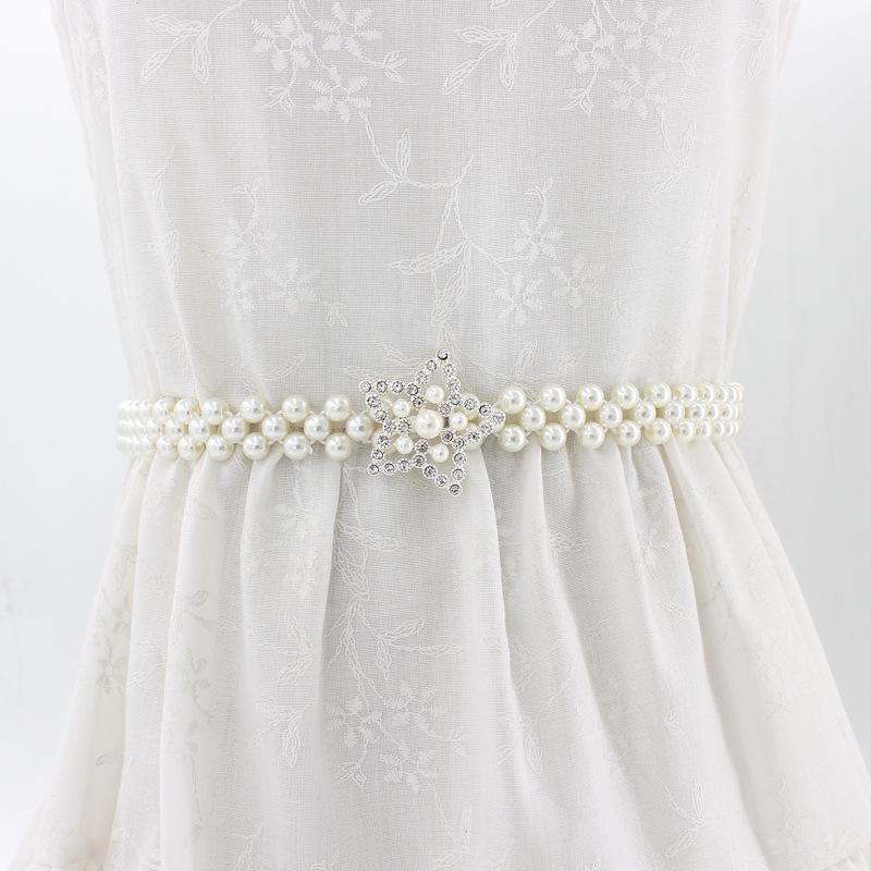 Women'S Rhinestone Pearl Waist Chain Dress Decorative Elastic Belt Women'S Sweet Flower Elastic Waist Seal