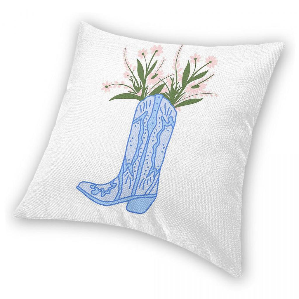 Blue Cowboy Boot Flowers Square Pillowcase Polyester Linen Velvet Printed Decorative Throw Pillow Case Sofa Seater Cover 45X45