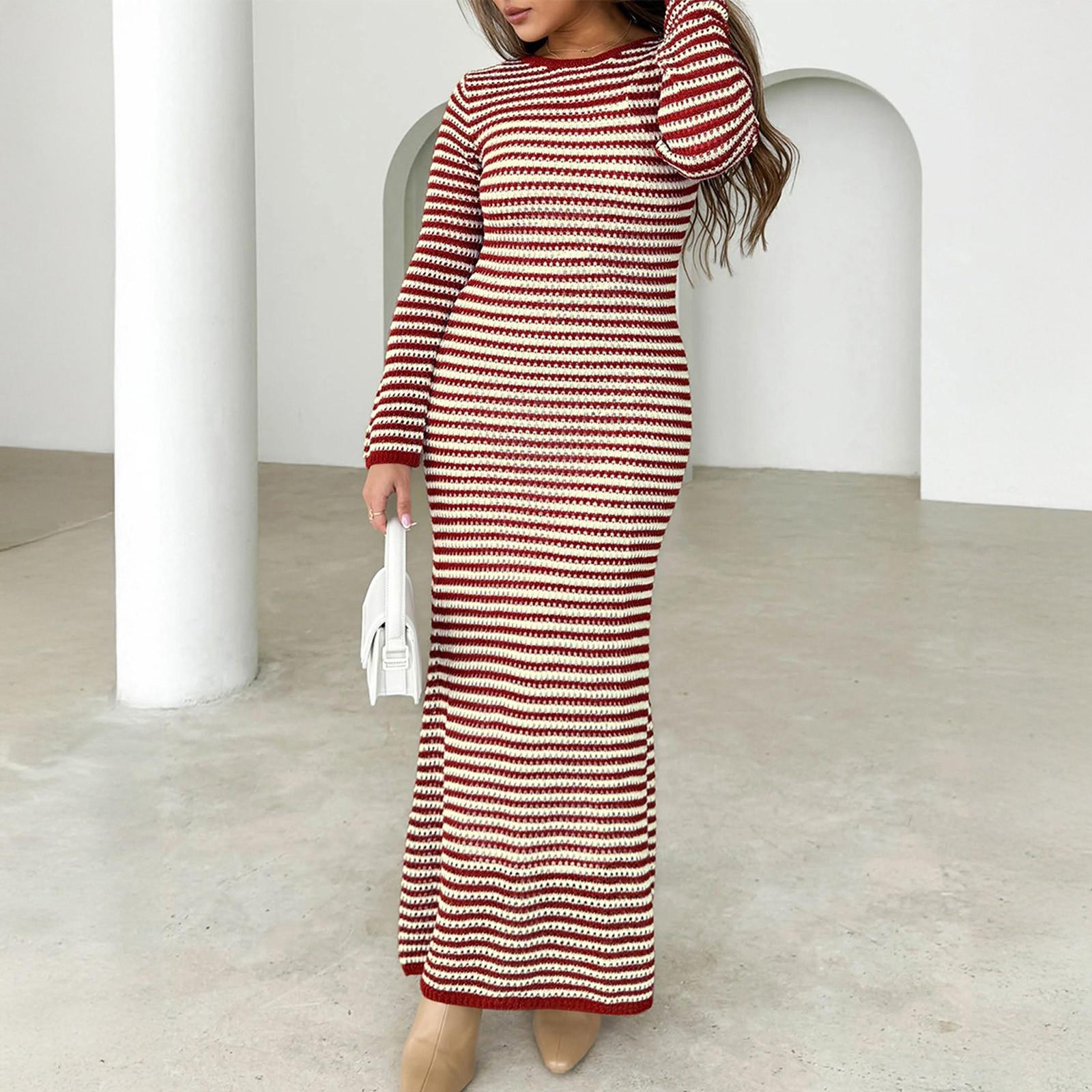 

Женское повседневное полосатое платье-свитер с длинными рукавами, платье средней длины, облегающее платье XL винный