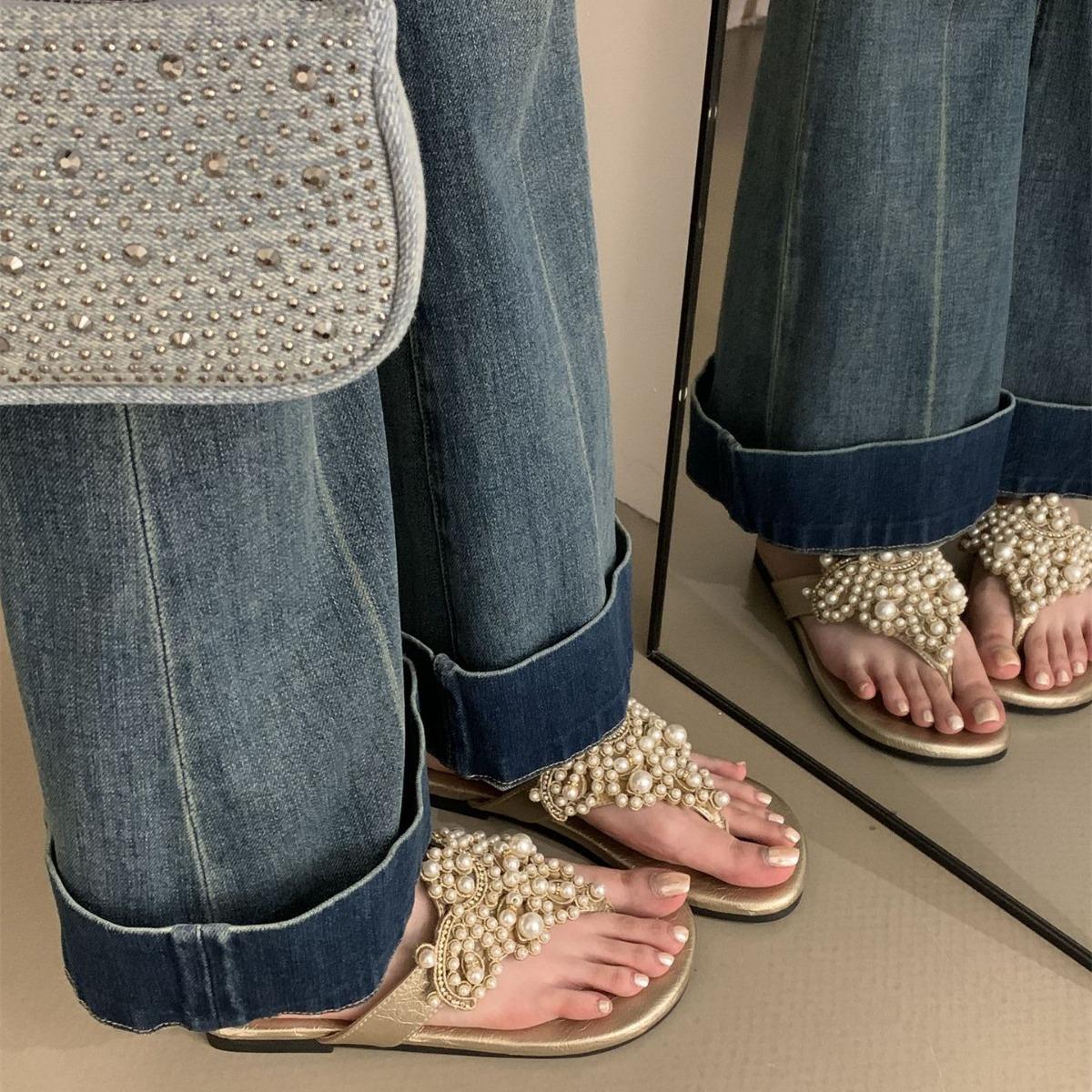 

Gentle toe slippers women s summer wear retro sandals pearl rhinestone flip-flops 39 білий