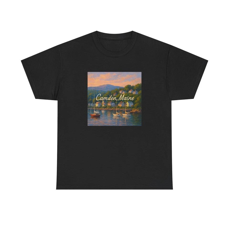 Unisex Adult T Shirt Camden Maine Harbor Hillside Art L