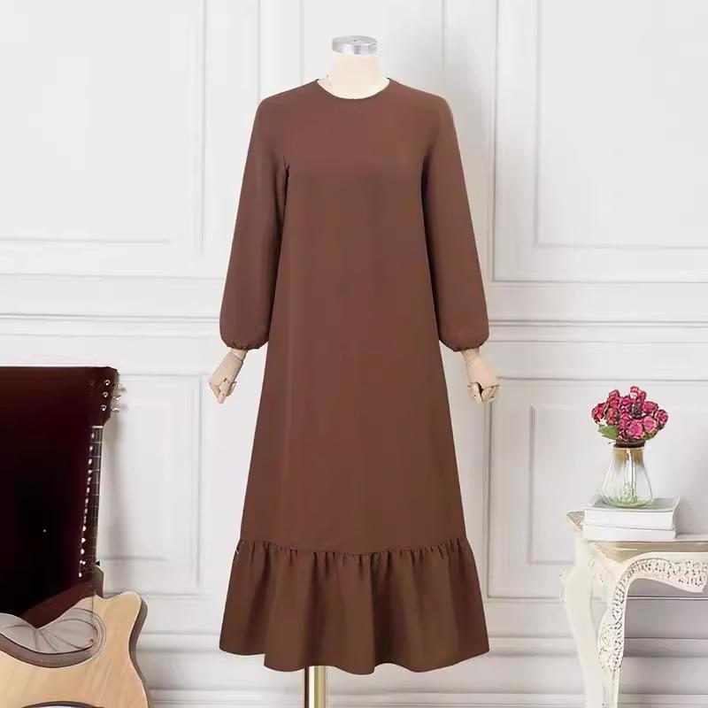 Elegant Puff Sleeve Solid Color Arabic Long Dress with Ruffles