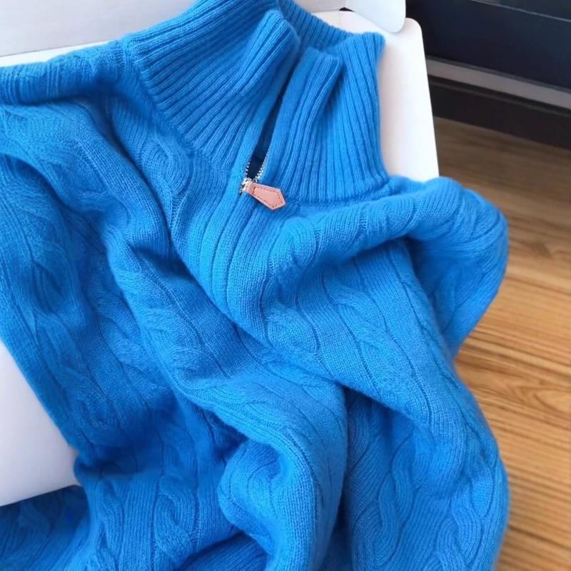 High-end blue half-zipper wool sweater women's clothing autumn and winter new loose casual age-reducing half-turtleneck slim top