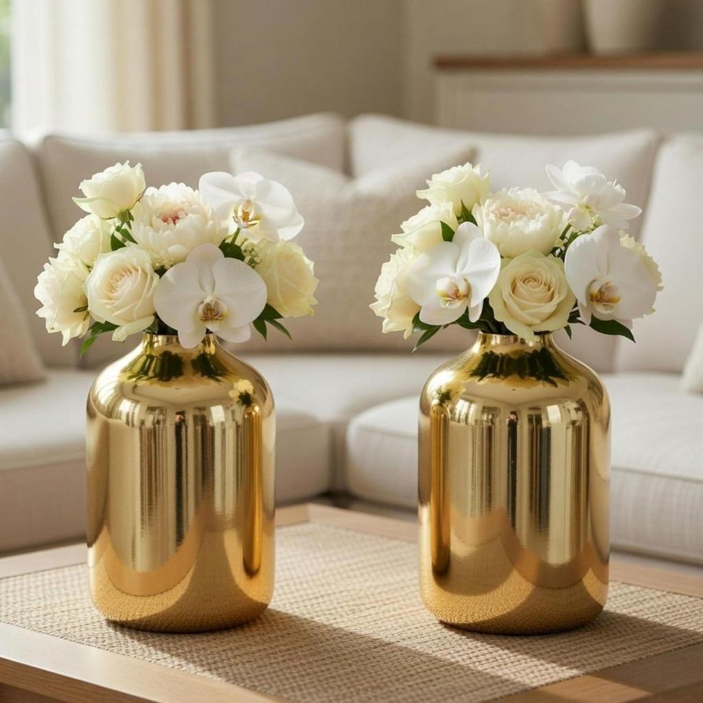 Metal Flower Vase Set of 2, Gold | Modern Metal Flower Vase In Gold –  Displays for Living Room – Great Wedding Gift (Set of 2)
