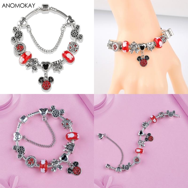 Potdemiel Pink Enamel Crystal Minnie Charm Bracelets Silver Color Heart Cartoon Bead Jewelry for Women Girl Gift