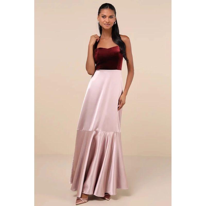 

Foreign Trade Order European and American Lu Cross-Border Sexy Velvet Hanging Neck Backless Patchwork Smooth Fabric Banquet Formal Dress Dress Dark red XL