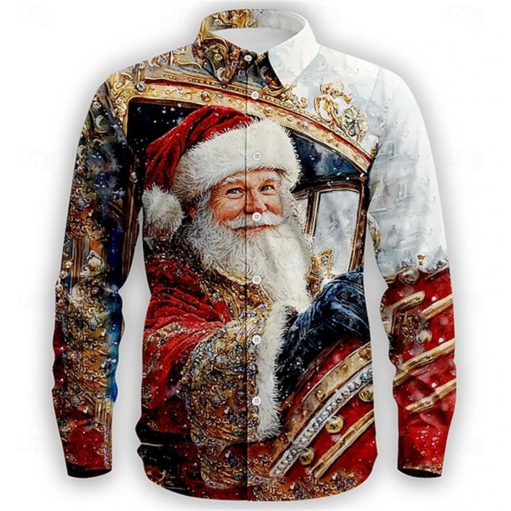 Christmas Santa Claus Printed Long Sleeve Shirts For Men New In Turn Down Collar Button Up Dress Shirts Mens Casual Blouse