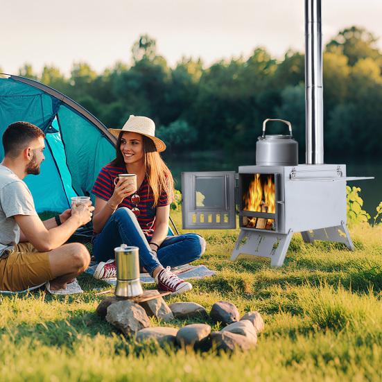 Wood Burning Stove with 5 Pipes Accessories, Visible Window Side Panels Heating Cooking Hot Tent Stove, Large Firebox Stainless Steel Stove for