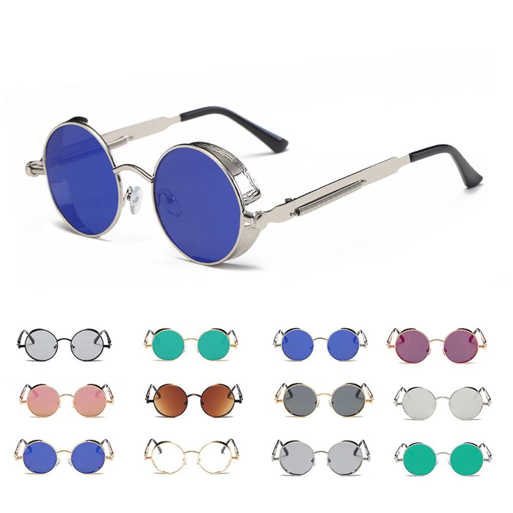 FOENIXSONG Steampunk Round Sunglasses for Men Women Black Brown Retro Wrap Frame Mirror Lens Sun Glasses