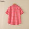 ZANZEA Women Grid Print Casual Turn Down Collar Short Sleeve Blouse