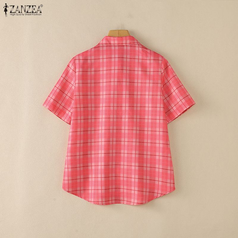 ZANZEA Women Grid Print Casual Turn Down Collar Short Sleeve Blouse