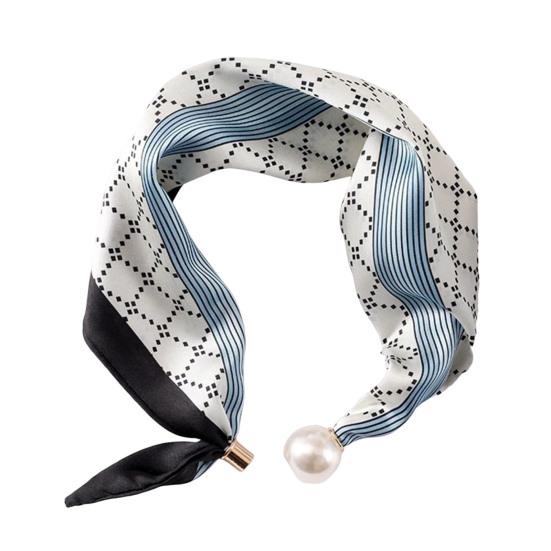 Women Silk Scarf Striped Leopard Dot Print Silk Scarf Necklace with Faux Pearl Magnetic Buttons Formal Wear Accessories