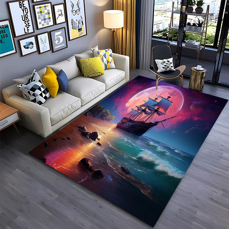 3D Pirate Ship Boat, Large Area Carpets for Home Living Room  Children's Bedroom Sofa Doormat Kitchen Floor Rugs Anti-slip Decor