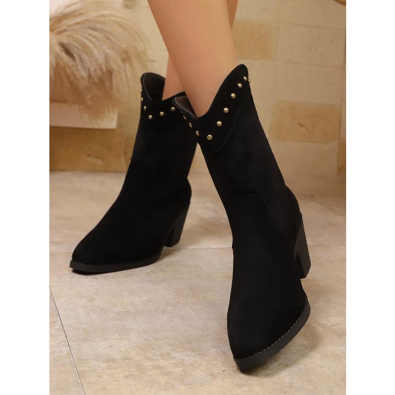 Rivet Pointed Toe British Style High Heel Fashion Boots Women's Winter 2025 New Plus Size Thick Heel Socket Martin Boots
