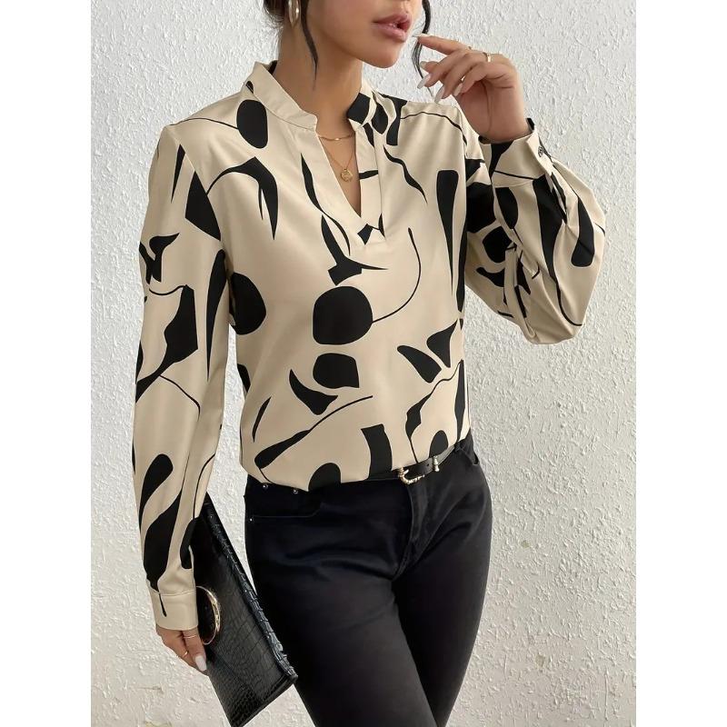 Women's Fashion Casual Spring Autumn Colour Block Print Long Sleeve V-Neck Blouses Shirts