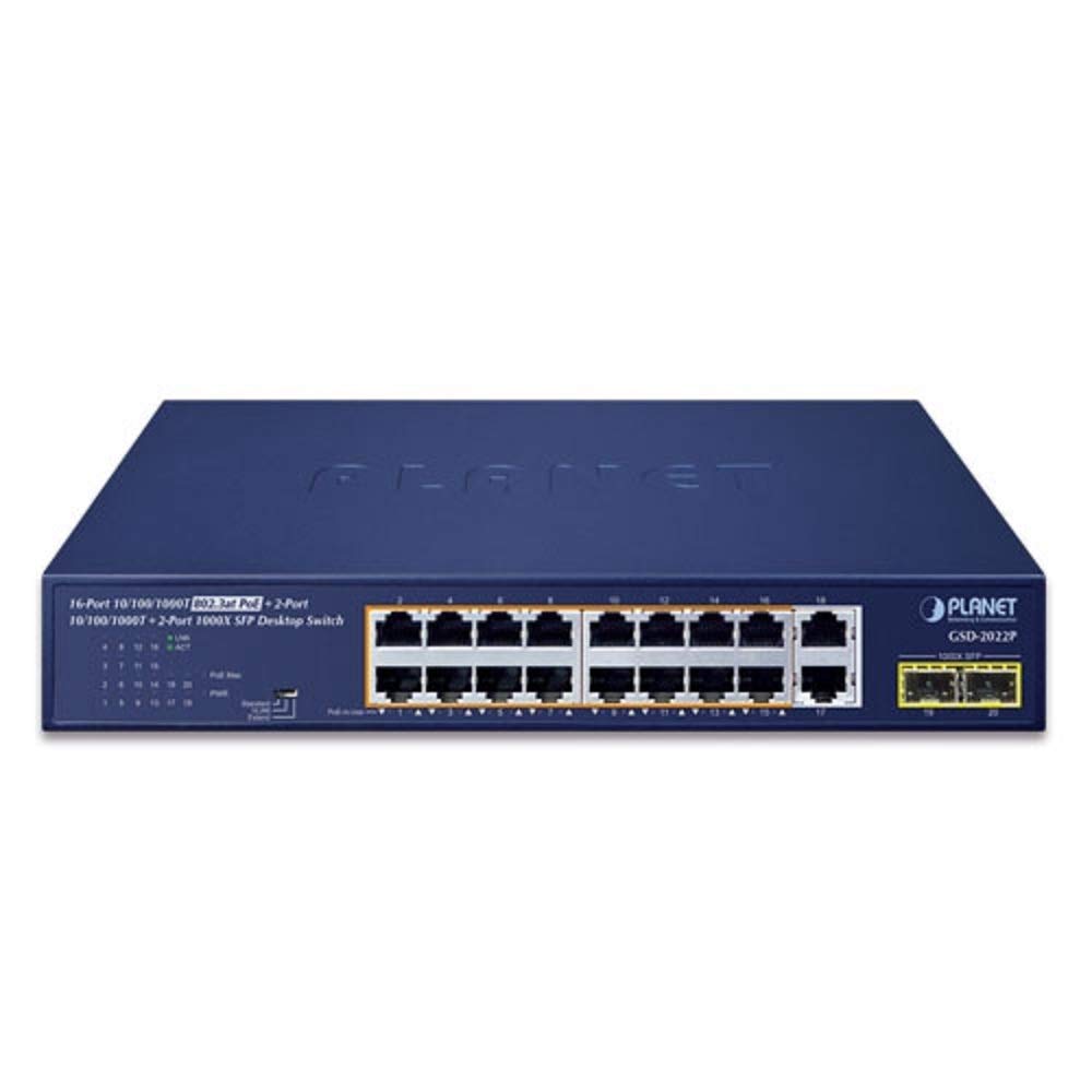 

PoE 1000X SFP Desktop Switch PLANET-GSD-2022P 16-port 10/100/1000T 802.3at + 2-port 10/100/1000T + 2-port чорний