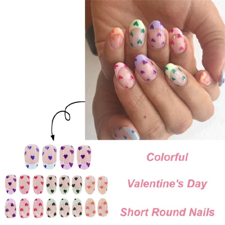 Valentine's Day Short Press On Nail With French Tip And Heart Designs Fashionable Stick On Nail Manicure Nail Decoration