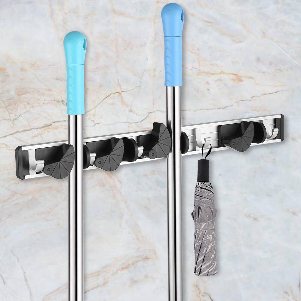 Mop and Broom Holder Rack Wall Mounted Tools Storage Home Use 3 Position 4 Hooks