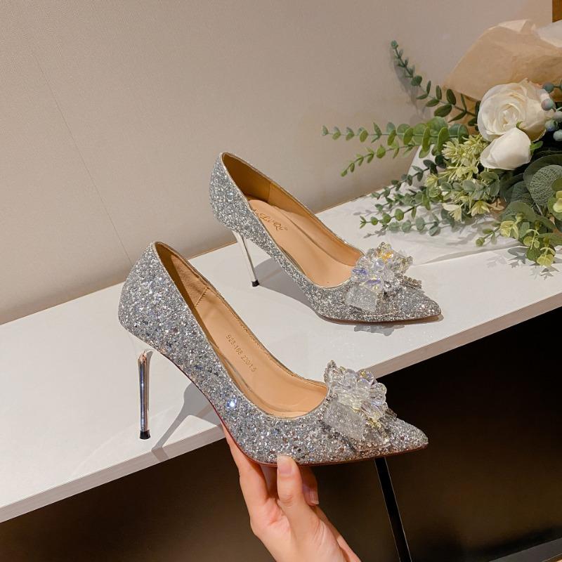 Two wearing high heels women's autumn and winter new pointed thin heel crystal diamond princess wedding shoes