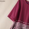 ZANZEA Women Casual Round Neck Short Sleeve Grid Print Patchwork Dress