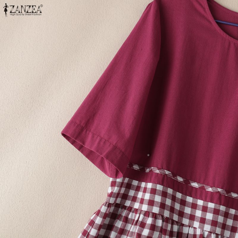 ZANZEA Women Casual Round Neck Short Sleeve Grid Print Patchwork Dress
