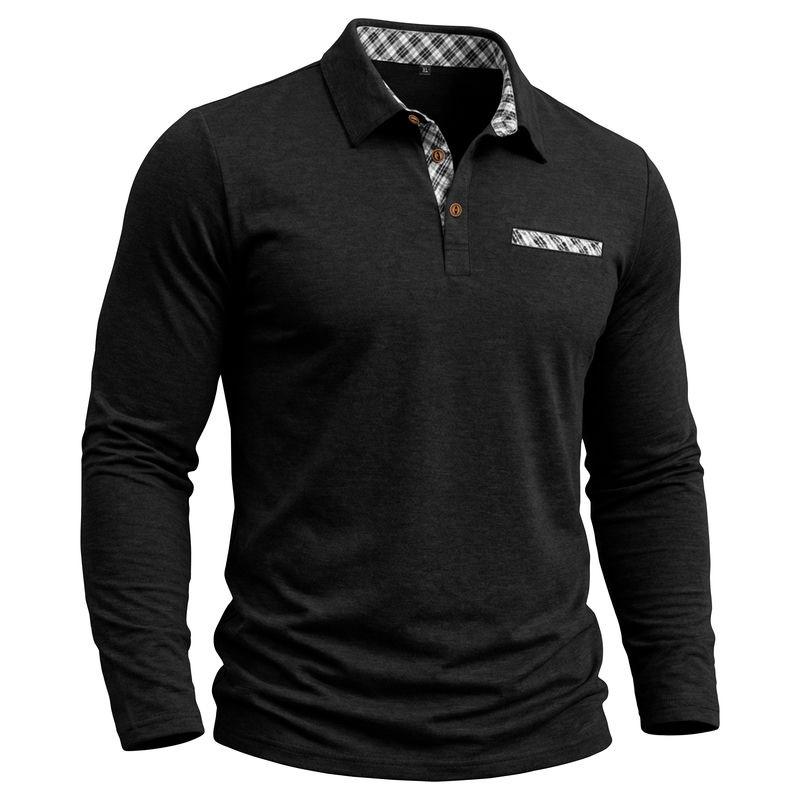 American Style Spring Autumn Men's Polo Shirts Long Sleeve Smart Casual Turn Down Collar Pull On Polos Man