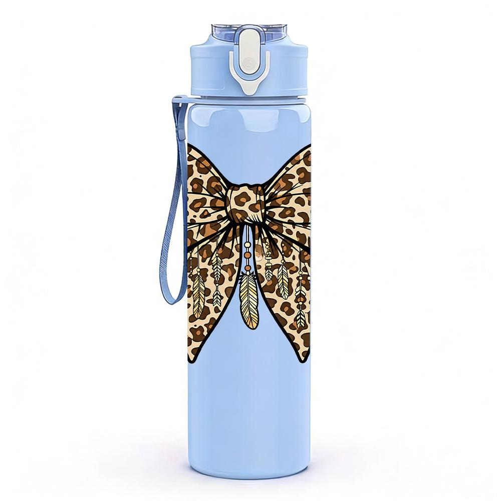 1PC Classic Leopard Print Bow 750ml Color Plastic Sports Water Bottle Leakproof Flip Straw Lid Suitable for Sports Office Home Use