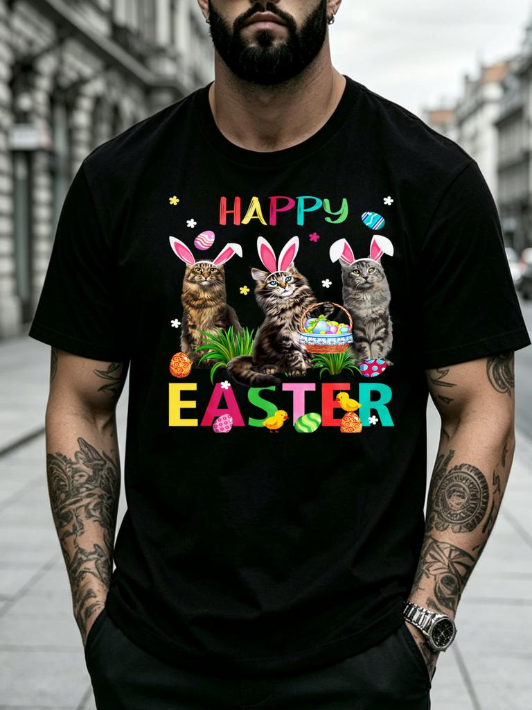 Cute Funny Unisexs Tshirt Three Cats With Bunny Ears And Easter Basket Spring Holiday Family Friends Kids