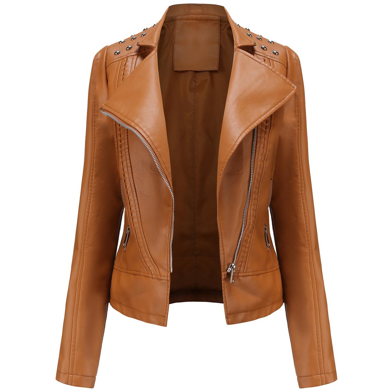 

Женская куртка из искусственной кожи, мотобайкерское короткое пальто из искусственной кожи, мотоциклетный гонщик с воротником с лацканами, укороченный блейзер в стиле панк-рок, стильная верхняя одежда с заклепками, модные топы, наряд S верблюд