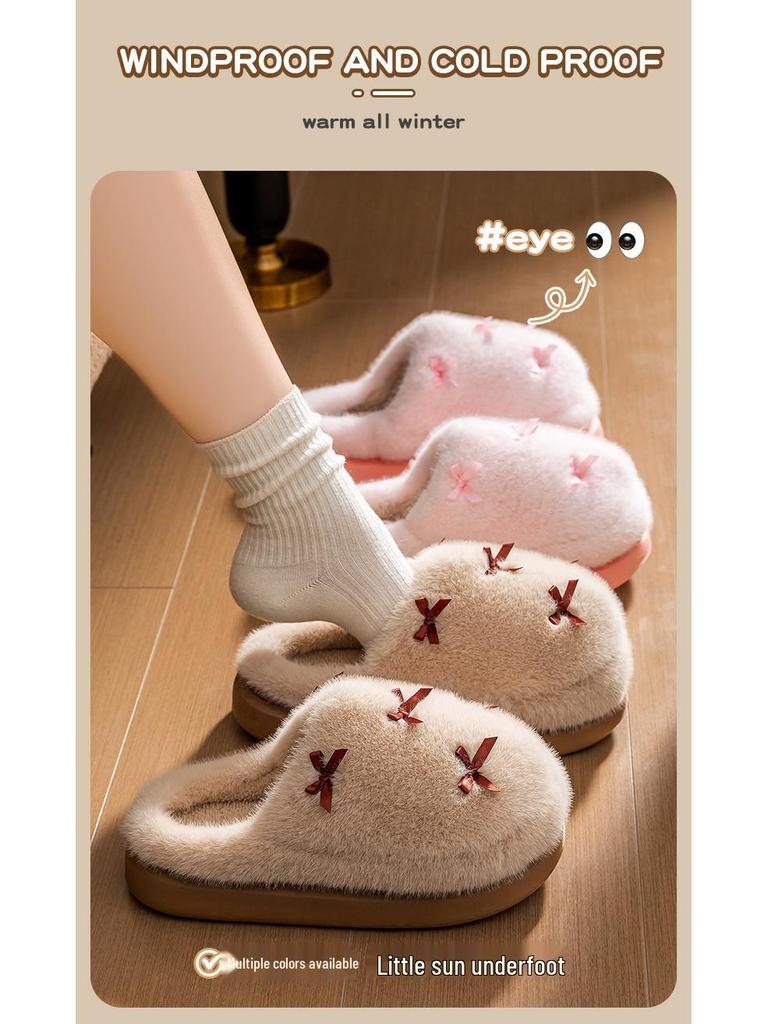 Women's Warm Cotton Slippers - Non-Slip, Cute Bow, Indoor Maternity Shoes for Autumn & Winter