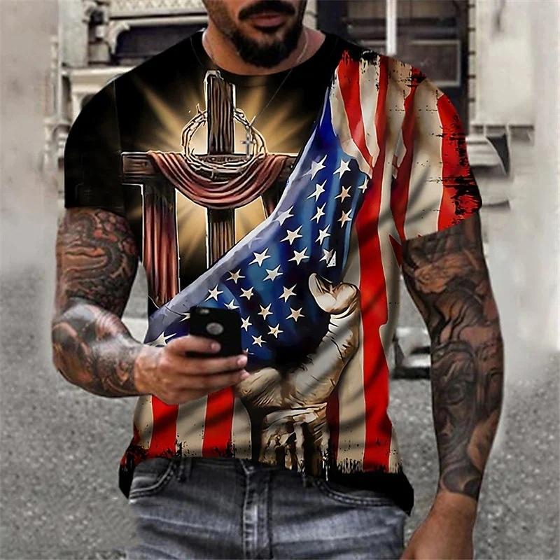 Jesus Christus Muster T-Shirt für Herren Amerikanische Flagge 3D-Druck Kurzarm Oberteile Sommer Freizeit Rundhals Lockere T-Shirts