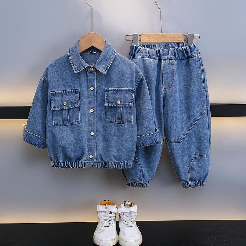 Boys Spring and Autumn Denim Suit Children's Ruffian Handsome Western Style Solid Color Two-piece Suit