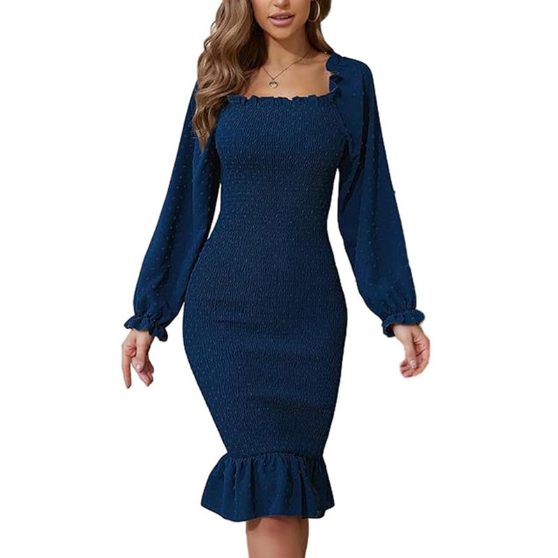 Women s Solid-Color Long-Sleeve Square-Neck Bodycon Dress M