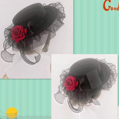 Lolita Headwear Flat Hat All-matching Retro Top Black Roses Elegant Flowers Married Lady 1