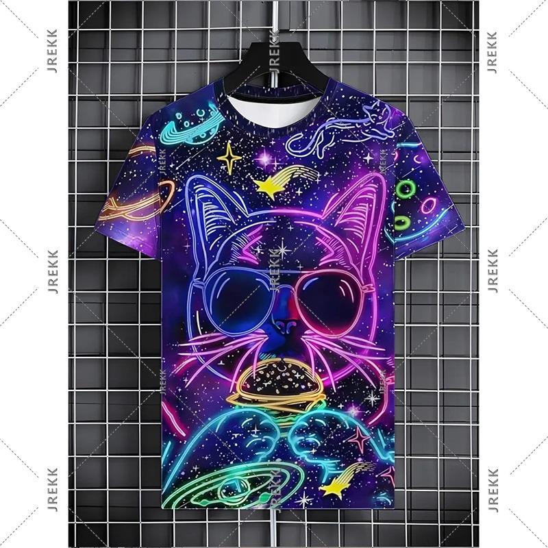 Neon Hip Hop Kat T-shirt Voor Mannen Carnavalsfeest Ronde Hals Korte Mouw T-shirts Hip Hop Straat 2025 Zomer Trend Sterren Ruimte Tee