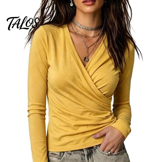 V-Neck Pleated Shirt Cross Long Sleeve Top for Women, Slim Fit Sexy Women Shirts Shirt, Fall Solid Color Casual Blouse Office Work Wear
