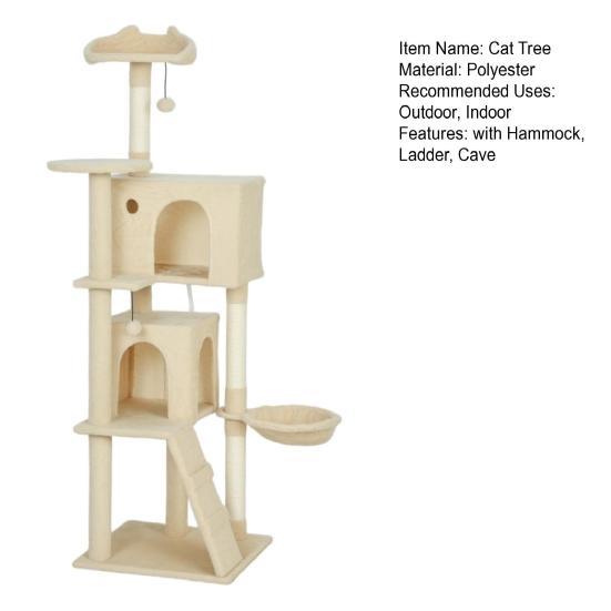 Cat Scratching Tree 160cm Tower with Hammock Ladder Cave 2 Pet Plush Balls Sisal Posts 48 x 160cm Beige Post