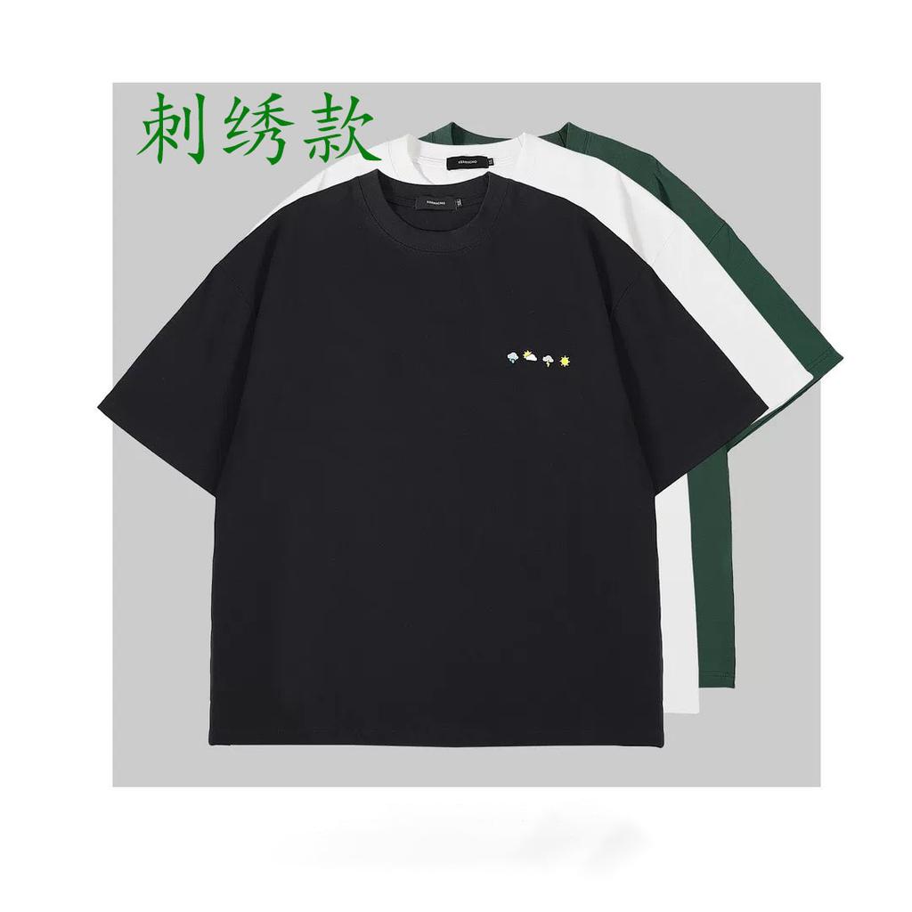 Hot-Selling Embroidered T-Shirt Round Neck Letter Chest Flower Trendy Plus Size Simple Versatile Half-Sleeve Base Shirt