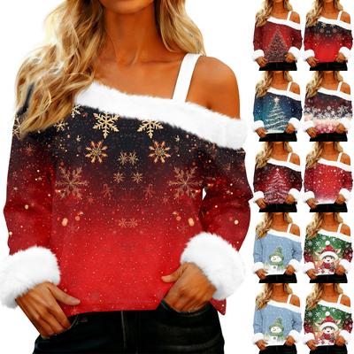 Women's Off-the-shoulder Plush Neck Printed Long-sleeved Pullover T-shirt Top