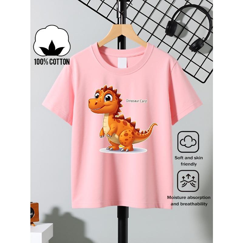 European sizes Boys' Cotton T-shirt Cute Orange Dinosaur with Spikes , Ideal for Outdoor Activities, Soft Knitted Top, Comfortable And Breathable
