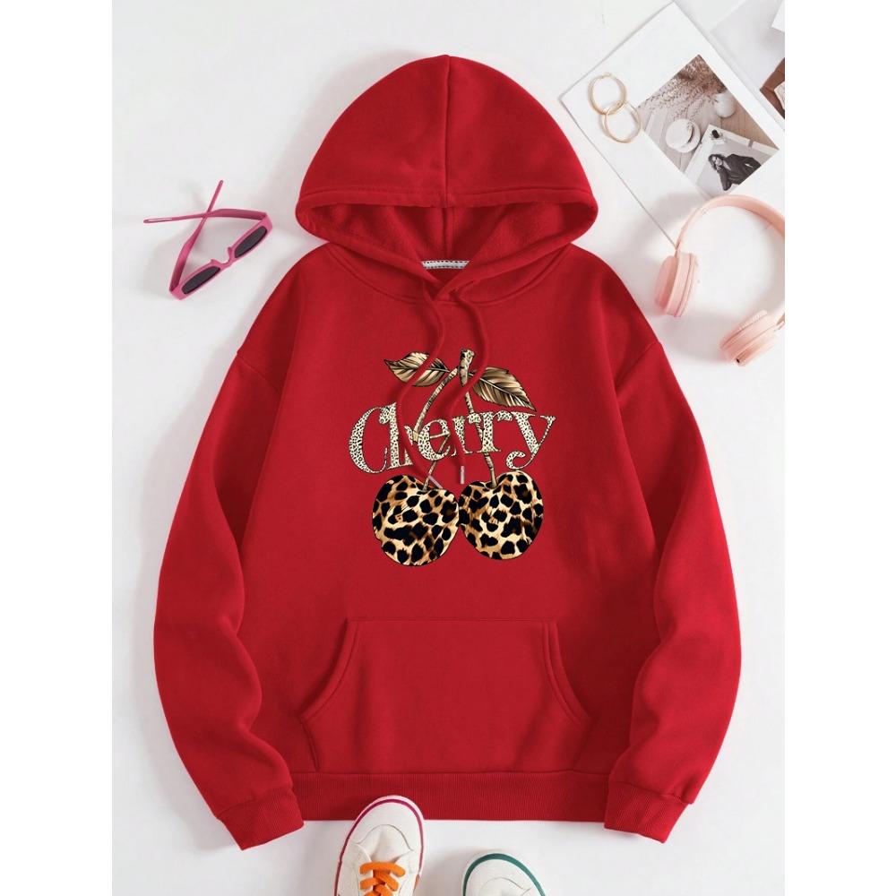 Leopard Cherry Creative Printing Hoodies Women All-Match Streetwear Y2K Pocket Hoody Autumn Casual Woman Clothing