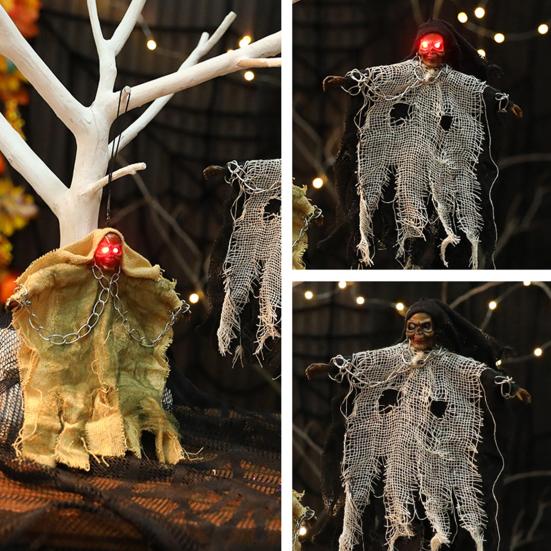 Halloween Hanging Ghost Scary Grim Reaper Prop with LED Glowing Eyes And Chain for Outdoor Yard Lawn Tree Haunted House Decor